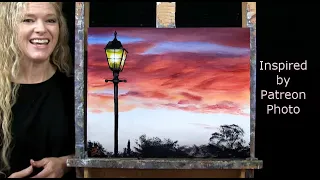 Learn How to Draw and Paint "SUNSET LAMPPOST" with acrylics-Easy Beginner Lesson-Paint & Sip at Home