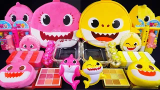 Mommy shark vs Baby shark "Pink vs Yellow" Slime Mixing Random things into slime #ASMR #slimevideos