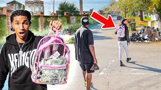 $20,000 In A Clear Backpack Prank IN THE HOOD (part 2)