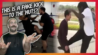 Pro Wrestlers Debunk Fake Martial Arts Master's Iron Crotch Technique! How To Fake Kick To The Nuts!