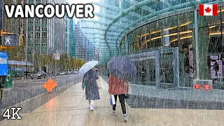 🇨🇦 【4K】⛈️⛈️⛈️ Rain Walk in Downtown Vancouver BC. Travel Canada. Relaxing Walk. April 24 2024.