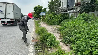 Crazy idea Two guys GYM practice by cleaning and cutting grass with simple tools