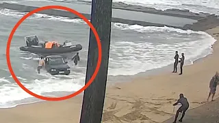 Car gets swallowed by rough sea. This boat launch went horribly wrong! Fail | Springtide, wild waves