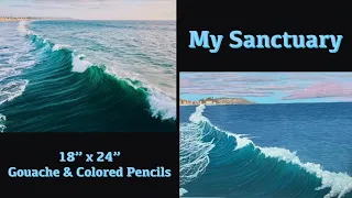 Creating 'My Sanctuary': Full Pacific Beach Wave Painting Process with Gouache and Colored Pencils