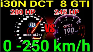 Hyundai i30N DCT 280 hp vs VW Golf 8 gti 245 hp DRAGRACE 0-250 km/h