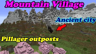 Minecraft 1.20 mountain village with cherry blossom and ancient city seed