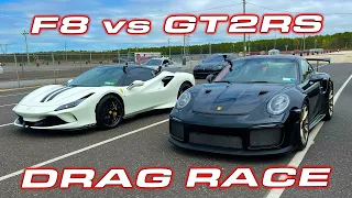 CRAZY CLOSE F8 vs GT2RS * Ferrari F8 Tributo vs Porsche GT2RS Drag Race