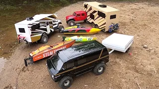 Rc CAMPER TRAILER & CAMPER TRUCK DUALLY ,VAN ,3 RC BOAT ADVENTURE.