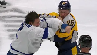 Luke Schenn Left Bloodied After Fight With Mathieu Olivier Tampa Bay Lightning @ Nashville Predators