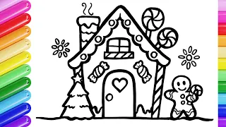 Gingerbread House Drawing, Painting and Coloring for Kids, Toddlers | How to Draw Gingerbread House