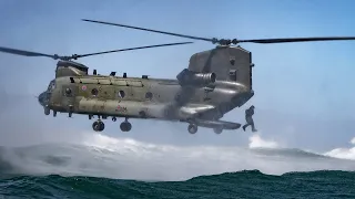 Royal Marines of 40 Commando practice helicasting from RAF Chinook