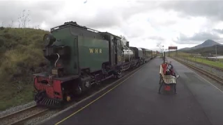 Welsh Highland Railway garratts arriving at Rhyd Ddu.