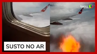 Passageira se desespera ao flagrar fogo em motor de avião durante voo: 'Estourou'