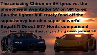 GT7 Nordschleife comparison: Bugatti Chiron '16 vs. Lamborghini Aventador LP750 4 SV '15