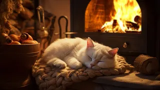 Cozy Room With Purring Cat and Crackling Fireplace🔥Deep Sleep, Stress Relief, Meditate