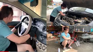 The girl maintains the car that hasn't been driven for a long time for her neighbor