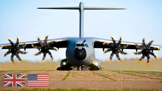 UK Royal Air Force A400M Military Aircraft flew to Romania with a US M142 HIMARS