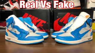Air Jordan 1 High Off-White UNC Real Vs Fake Review W Blacklight and weight comparisons