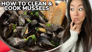 How to Clean Mussels & Recipe for Steamed Mussels in White Wine Garlic Butter Sauce 青口 | Rack of Lam
