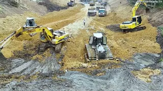 Amazing!Incredible PowerStrong Heavy-duty ZOOMLION, Caterpillar Pushing Stone Into Deep Muddy Canal