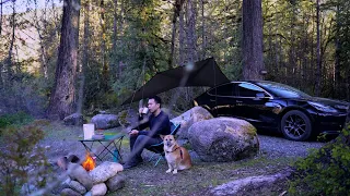 Tesla Car Camping: Relaxing Sounds of River + Forest | Korean BBQ Beef on Campfire