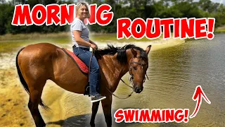 My Morning Routine With 40+ Animals | GOING ON A TRAIL RIDE!