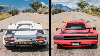 Сравнение Lamborghini Countach и Ferrari Testarossa Звук Дрифт Гонка Forza Horizon 5