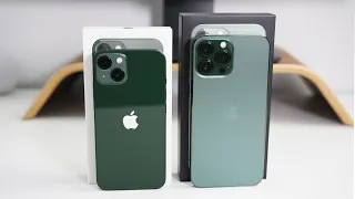 iPhone 13 Pro Max in Alpine Green and iPhone 13 in Green