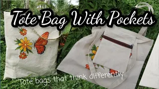 #diy tote bag with pockets tutorial+sew very easy tote bag|sinhala/ tote බැග් එකට පොකට් එකක් දාමුද