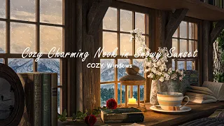 Cozy Charming Nook in Snowy Sunset - Snowfall by Window with Smooth Jazz Instrumental For Relaxation