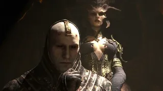 Diablo IV: Lilith and Elias watch a Monk get eaten by wolves.