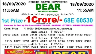 18/09/2020:- Sikkim state lottery dear Treasure morning result live today 11:55am