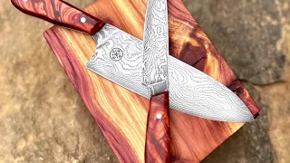 Making a damascus kitchen knife set and cedar knife block