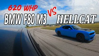 2018 Pure Turbo Stage 2 BMW F80 M3 vs Stock 2016 Hellcat SRT Challenger Roll Race I29 Dragway Racing