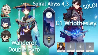 C1 Wriothesley SOLO x C0 Wanderer Double Pyro - Spiral Abyss 4.3 | Floor 12 | Genshin Impact