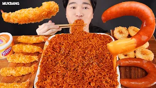 ASMR MUKBANG | FIRE NOODLES 🔥 KIELBASA SAUSAGE 🍤 FRIED SHRIMP SEAFOOD 불닭볶음면 킬바사소세지 먹방 EATING SOUND