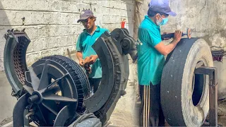 How Hot Retreading Technique Used to Change Tyres Treads || How Old Tyres Resoling Process Are Done