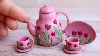 Miniature teapot and cups with tulips pattern🩷Polymer clay