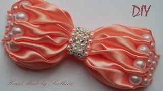 Бантик из ленты с бисером Канзаши DIY Bow of ribbon Kanzashi Laço de Cetim