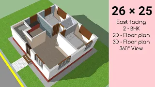 26 x 25 East facing house plan | 26 x 25 floor plan | 2bhk house plan | 2D & 3D Floor plan