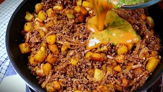 Easy dinner with eggs, potatoes, and ground beef! Cheap one pan meal!