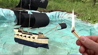 Burning a Pirate Ship made from Matches on Water