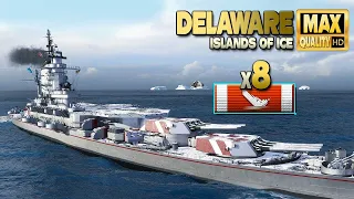 Battleship Delaware: 8 ships destroyed on map Islands of Ice - World of Warships