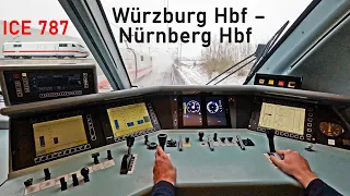 Snow flurries in Franconia | ICE 787 Würzburg Hbf - Nuremberg Hbf | ICE cab ride | BR 401