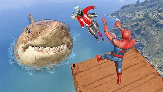 GTA 5 Water Ragdolls | SPIDER-MAN VS MEGALODON Jumps/Fails (Euphoria Physics) Ep.266