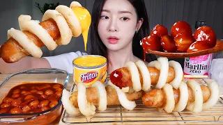 ASMR MUKBANG | CRISPY AND CHEWY GLASS NOODLE CORN DOG ★ BEAD SPICY TTEOKBOKKI & CHEESE SAUCE EATING