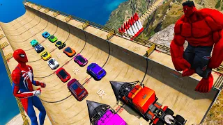 Spiderman team vs RedHulk team SportCars Ferrari Police Lamborghini Porsche 922 Ramp Challnege GTA 5