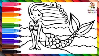 Dibuja y Colorea Una Hermosa Sirena 🧜‍♀️🌊🌈 Dibujos Para Niños