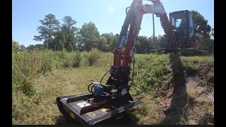 Yanmar VIO-55 With 42" Rut MFG Rotary Cutter In Action  Clearing Ditch-Ponds & 20' Creek Slopes...