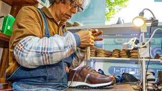 The process of making golf shoes by a handmade shoe craftsman.